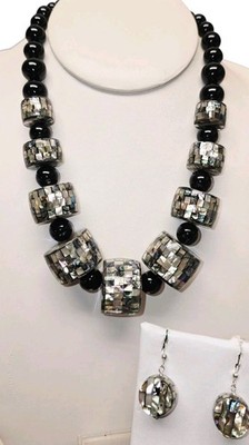 Neu Atemberaubende Eichelhäher König schwarzer Onyx MOP Abalone Mosaik Sterling Halskette & Ohrringe
