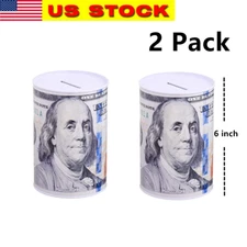 2x Tin Money Saving Piggy Bank with Ben Franklin $100 Bill Money Coin Saver 6" 