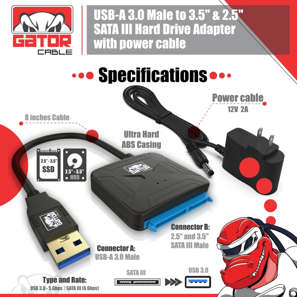 Adaptador USB 3.0 a SATA para Disco Duro 2.5" 3.5" HDD SSD con Alimentación 12V 2A Foto 3 de 4