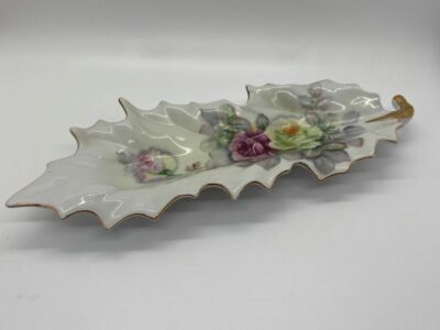 Vintage Arnart Creation Leaf Dish, Rose Design with Scalloped Gold Rim Pattern -