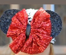 GIRLS MINNIE MICKEY MOUSE STRIPED BEANIE TURBAN GLITTER SEQUIN EARS RED BOW