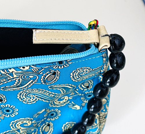 Pineda Covalin Blue Silk Shoulder Handbag Paisley Floral Black Beaded Strap NWT - Picture 11 of 20