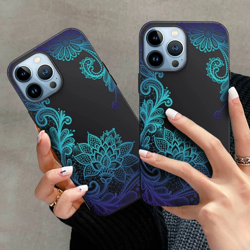 Phone Case For Apple iPhone 14 Pro Max 13 12 15 Flower Lace Protective TPU Cover