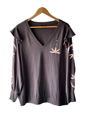 Torrid Size 2 XL Gray Floral Ruffle Trim V-Neck Sweatshirt