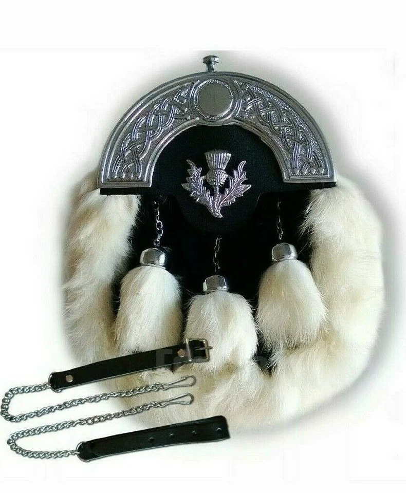 Vollkleid weißes Leder Sporran Messing Cantle schottische Kilt Geldbörse 3 Tasels W-B