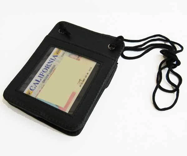 Black Leather ID Badge Card Holder Wallet Neck Strap Travel Work Lanyard - Image 2 of 4