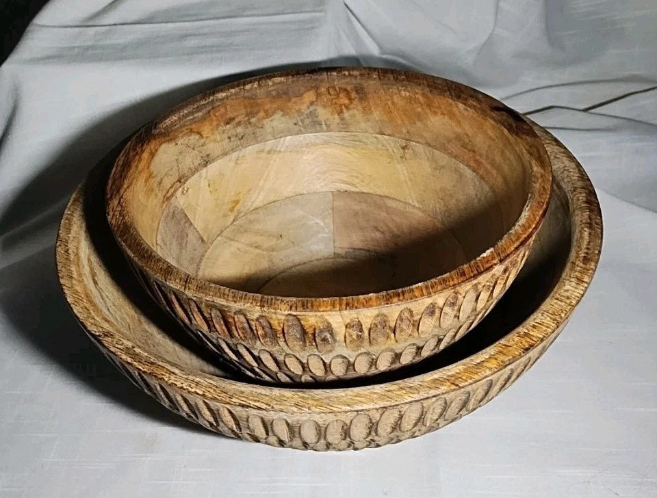 Juego de cuencos de madera artesanales vintage marrón/gris hecho en la India 1 10" 1 7 y 7/8" Foto 4 de 4