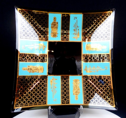 VINTAGE ORIENTAL ART GLASS GILT CHINESE GODDESS AND BAMBOO 11 1/4" DISH - Picture 1 of 9