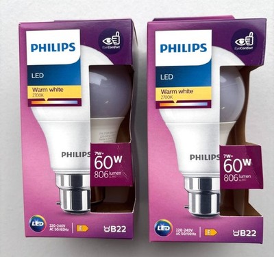 2 x PHILIPS CLASSIC FROSTED B22 WARM WHITE LED 7W = 60W - 806 lm