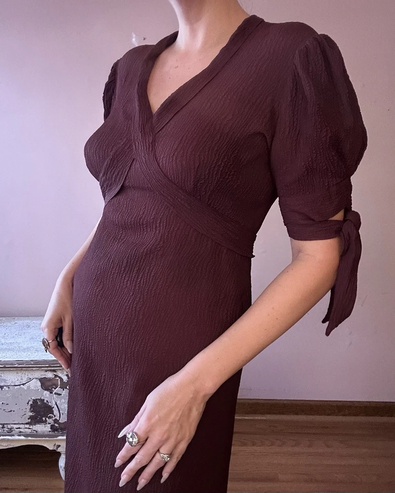 Vestido Vintage Años 70 Do 30 Marrón Corte Sesgado Rayón Crepé Manga Abullonada M L Foto 3 de 4