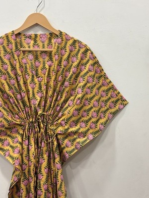 Wovenkala Mustard Yellow Cotton Kaftan Dress Beach Cover Up Summer Maxi Gown