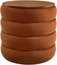 Mezzo round Performance Velvet Storage Ottoman Stool in Rust - Channel Tufted Ot