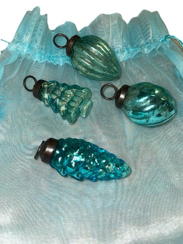 Set of 12 Kugel Style Mercury Glass Christmas Ornaments Blue Teal Shapes Vintage - Picture 5 of 7
