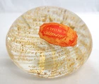 Vintage Murano Gold Flecks Swirl Art Glass Dome Paperweight Red Sticker Italy