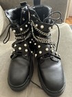 ZARA BLACK LEATHER BIKER BOOTS PEARL CHAIN size 10