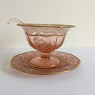 Pink Depression Glass Mayonnaise Set Bowl Ladle & Plate Etched Gold Accents