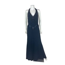 Jovani Beaded Evening Gown Womens Size 14 Navy Blue Halter Neck 00s Dress