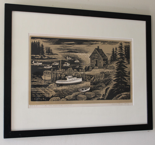 An Original Carroll Thayer Berry Wood Cut, Block Print of Deer Isle Coast, Maine