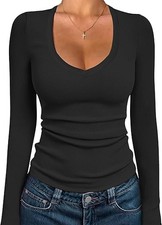 Women  s Long Sleeve V Neck Knit Top Slim Fit Casual Work Shirt