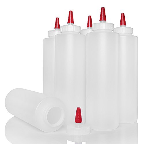 Set of 6 Plastic Squeeze Condiment Bottles with Red Tip Cap BPA Free