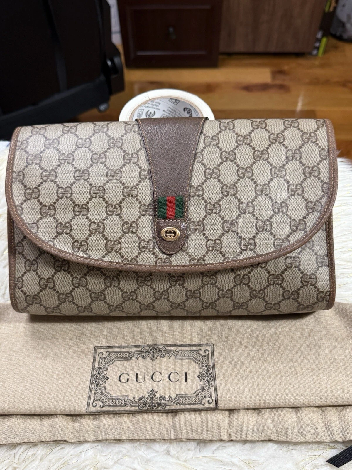 Gucci Sherryline Pochette Pochette Sac PVC Toile Cuir Grand Marron avec Poussière