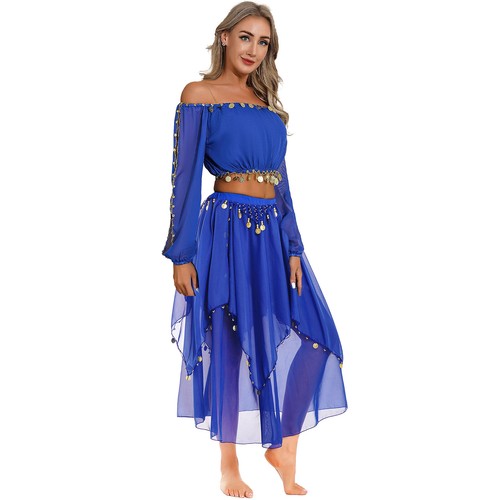 Womens Shiny Off Shoulder Tops Sequin Trims Chiffon Skirt Belly Dance Outfit - Picture 41 of 68