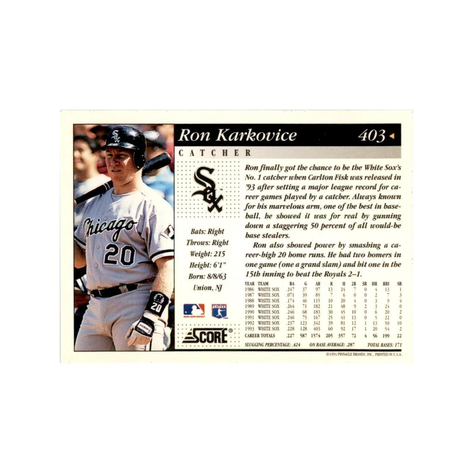1994 Score Ron Karkovice Baseball Cards #403 - Image 2 of 3