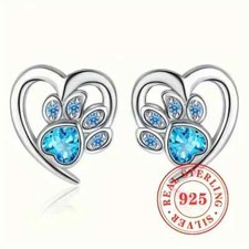Image of Sterling Silver Blue Cubic Zirconia Paw Prints Heart Stud Earrings in Gift Box