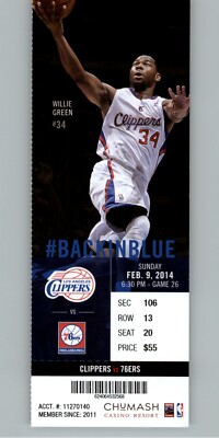 Philadelphia 76ers vs Los Angeles Clippers 2/9/2014 Ticket - Willie Green 