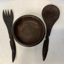 Wooden Handmade Bowl Spoon Fork African Elephant Rhino Handcarved Tribal Rustic 