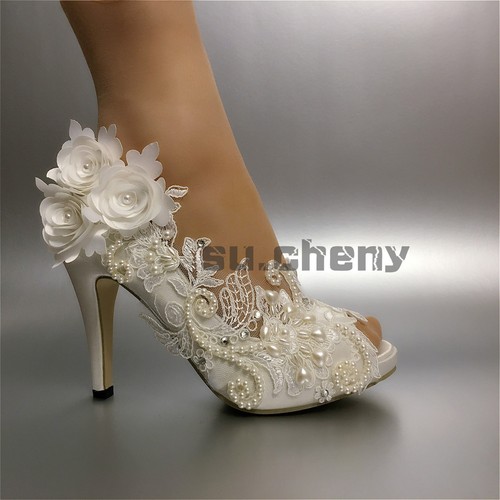 su.cheny Pearl satin white ivory lace flowers open toe Wedding Bridal heel shoes - Picture 2 of 12