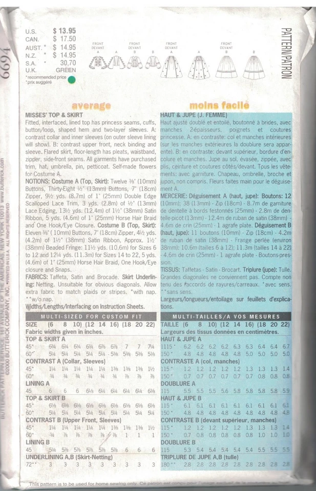 6694 UNCUT Butterick SEWING Pattern Misses Civil War Gone with the Wind Gown Top - Image 2 of 2