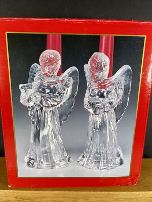 VTG NOS Centurion Collection Heavy Glass Set of 2  6.25'' Angel Holders& Candles