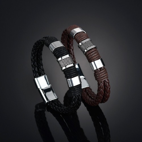 Fashion MultiLayer Stainless Steel Fashion Men's Leather Bracelet Stone Bangle - Picture 3 of 49