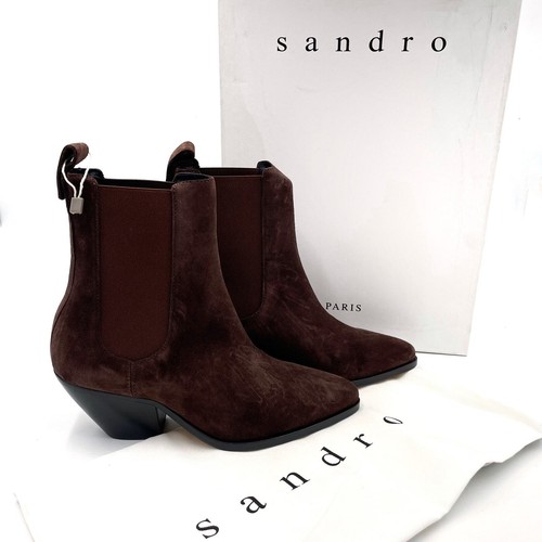 Sandro Marron Fonce Chelsea Boots Brown Suede Pointed Block Heel Sz 36 / 6