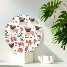 1pc Round Aluminum Wall Art Sign - Cute Pugs with Red Flowers  Hearts, Modern F