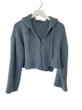 Zara Cropped Blue Knit Zip Hoodie With Side Vent Slits