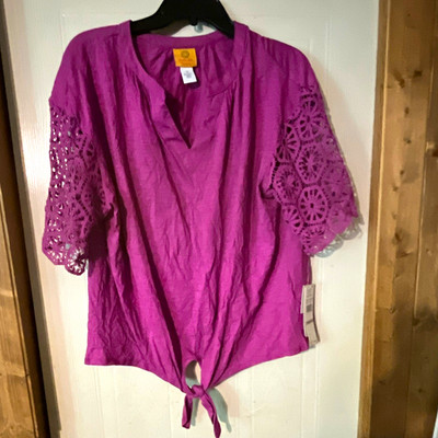 Ruby Rd. Women s Plus 1X Purple Solid V-Neck Short Sleeve Tie Crochet Blouse