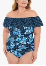 Swim Solutions Women Ruffled Off-The-Shoulder Tummy-Control One-Piece 18W NEW