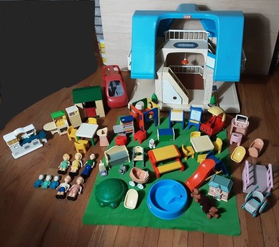 HUGE LOT Little Tikes Large Blue Roof 2 Story Doll House Lots of Accessories