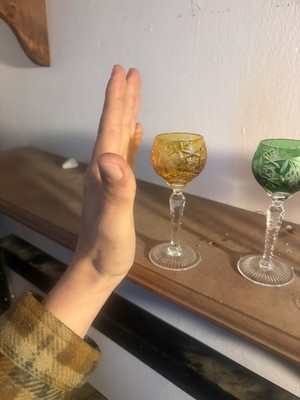 These are Nachtmann Traube cut-to-clear crystal cordial glasses in multi-color! 