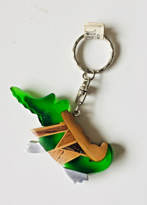 Hand Crafted alligator-crocodile Wood W/Plastic Green Peice KeyRing-KeyChain