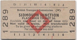British Railways BTC Red Diamond PLATFORM Ticket SIDMOUTH JUNCTION 1289