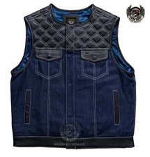 Men,s Hunt Club Style Blue Denim Leather Vest Motorcycle Biker Men Leather Vest