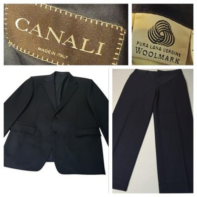 Canali Suit 44R Blazer Black Pinstripe Virgin Wool 32x30 PantsCuffed Trousers