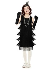 Girls 1920s Flapper Costume Set for Kids 4-12 Years - Black, Faux Fur Mater...