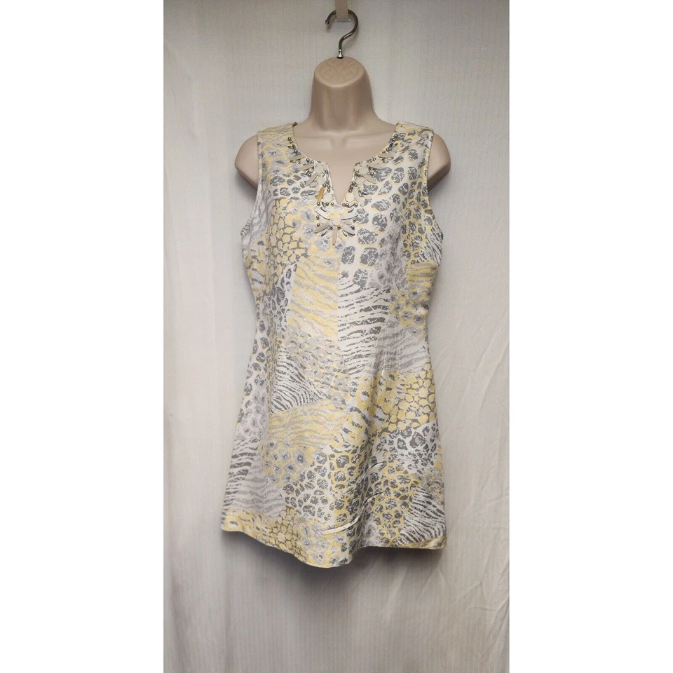 Ruby Rd. Vestido recto de lino floral con cuello en V con muescas con cuentas blanco talla 6P Foto 2 de 4