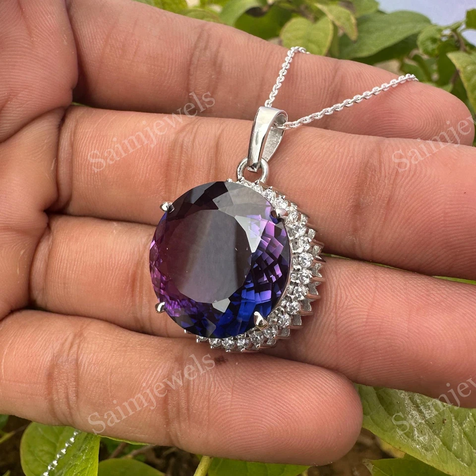 Colgante con halo de zafiro púrpura redondo natural certificado 54 quilates enchapado en oro blanco de 14 k Foto 3 de 4