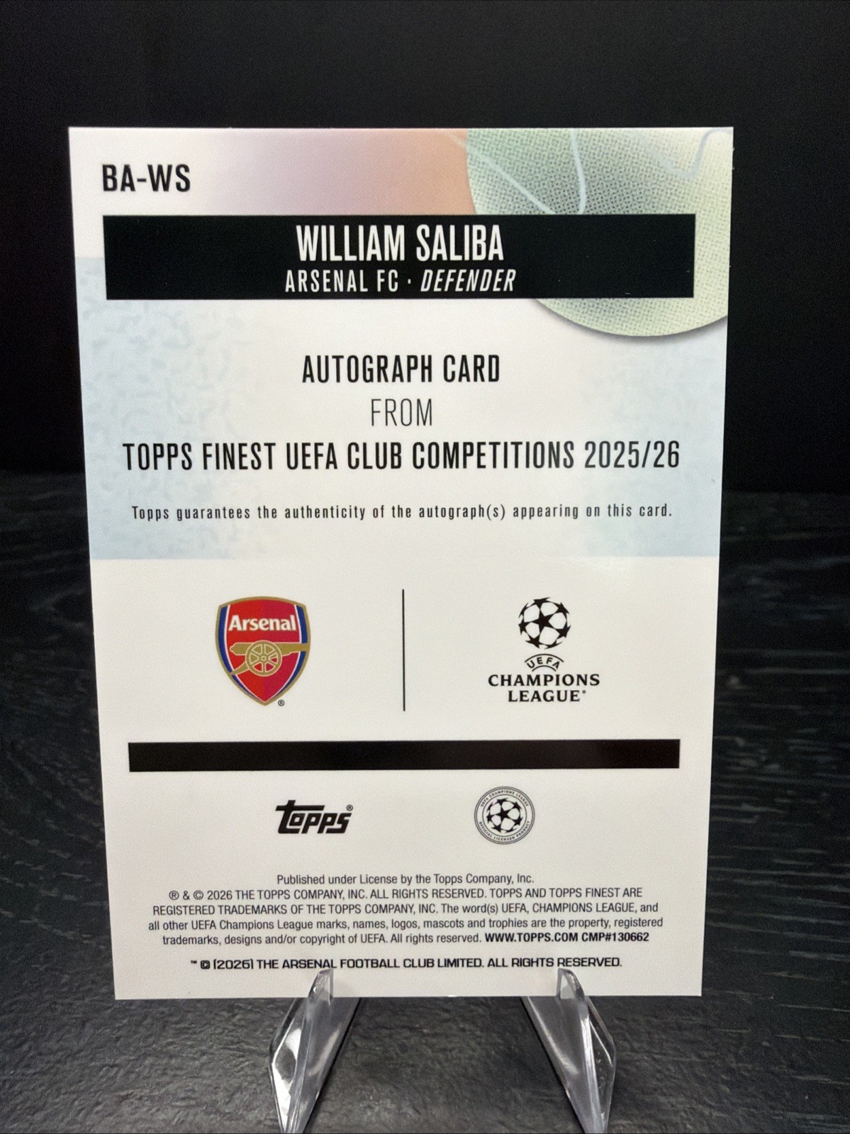 William Saliba Purple Auto /75 2025-26 Topps Finest Uefa Club Competitions view 2