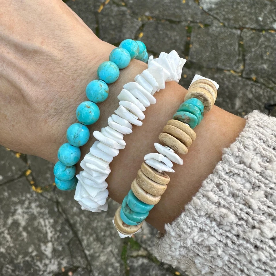 Blue Turquoise, Coconut & White Shell Beaded Bracelet, 10mm Asymmetrical Wavy - Image 2 of 4